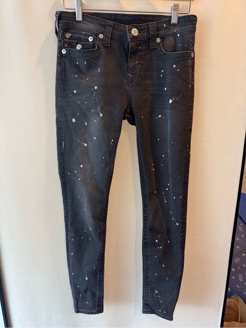 True Religion Black Skinny Jeans with White Paint-Splatter